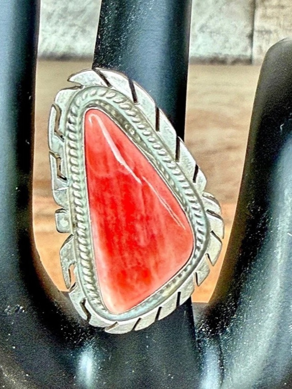 P. Skeets Navajo Sterling Silver Red Spiny Oyster Ring size 6